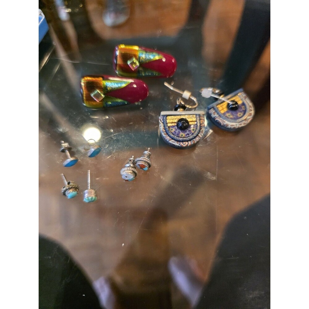 Vintage Aztec Silver & Turquoise Earrings with Stones MIX LOT 5 Pairs